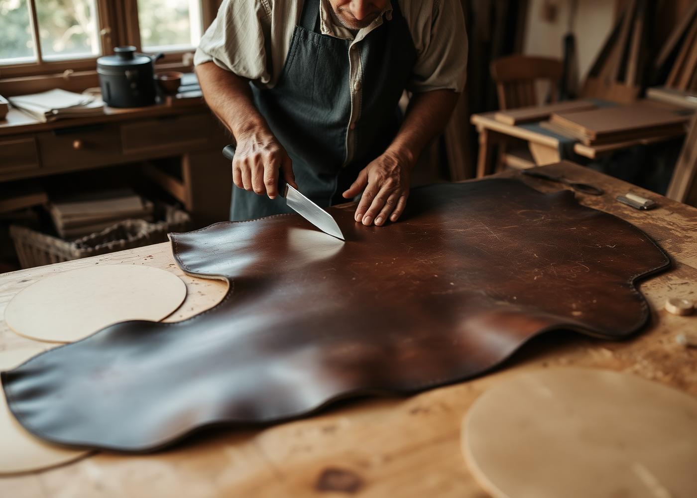 Cutting a leather hide by hand