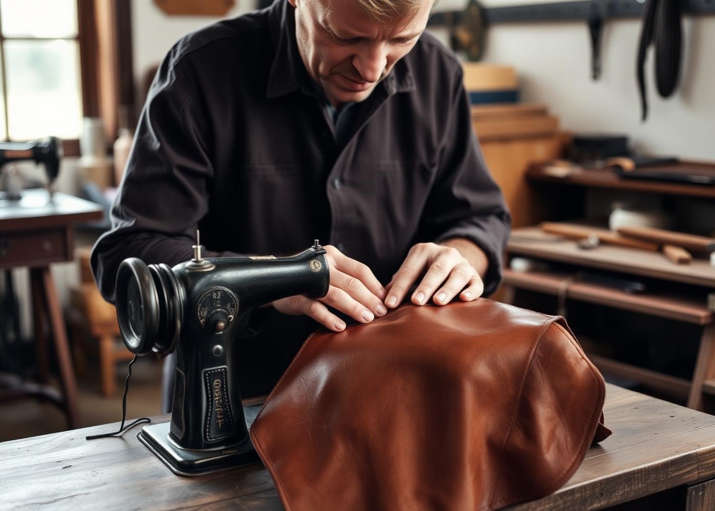 A craftsman stitching a leather panel